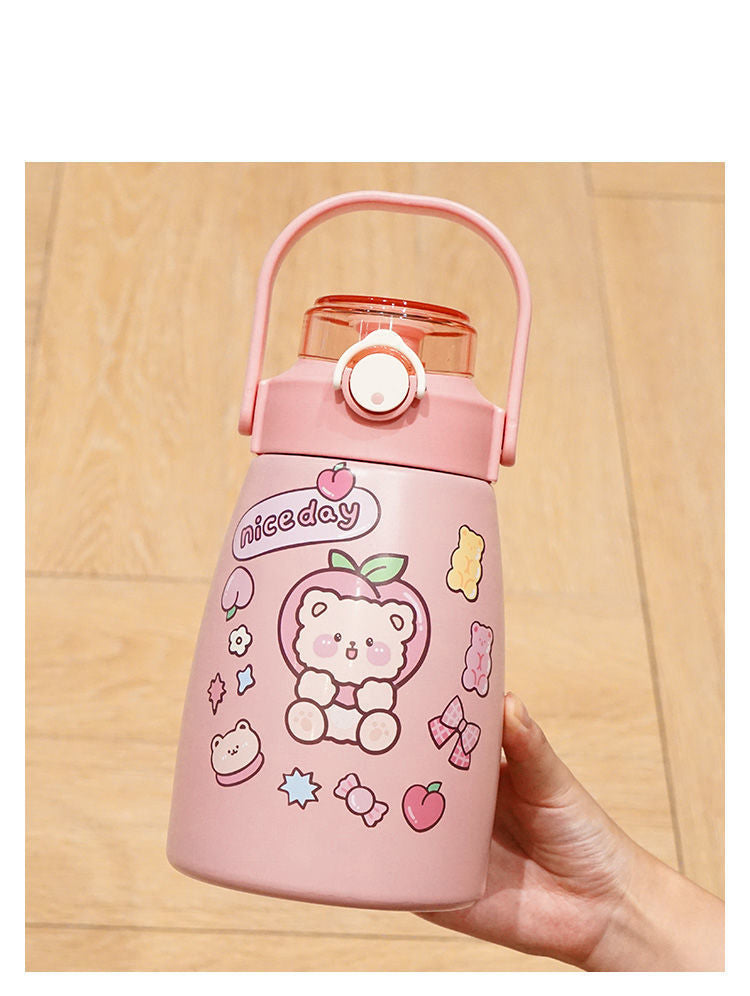 Stainless Steel Insulated Water Bottle,Big Belly Kawaii Leaf Proof 900ml Cute Trave Cup with Straw and Shoulder Strap,Vacuum Thermos Jug