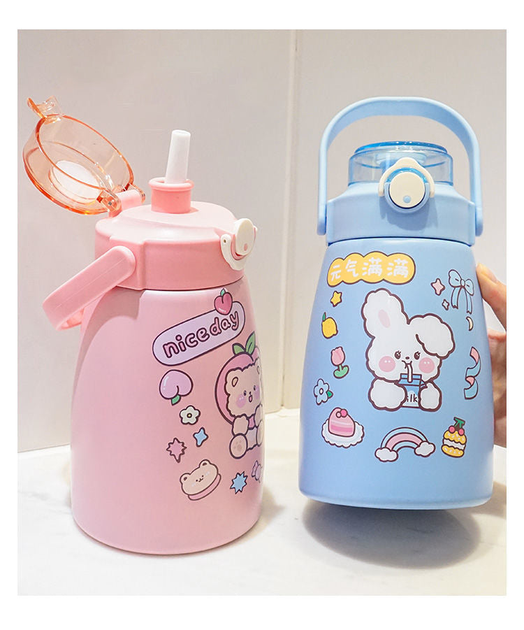 Stainless Steel Insulated Water Bottle,Big Belly Kawaii Leaf Proof 900ml Cute Trave Cup with Straw and Shoulder Strap,Vacuum Thermos Jug
