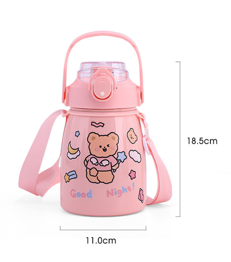 Stainless Steel Insulated Water Bottle,Big Belly Kawaii Leaf Proof 900ml Cute Trave Cup with Straw and Shoulder Strap,Vacuum Thermos Jug