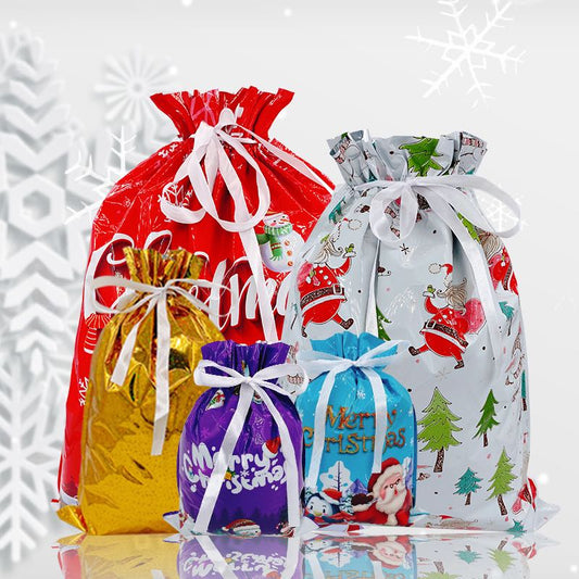 18 Pcs Christmas Gift Bags Christmas Wrapping Bags with 8 Designs & 5 Sizes Drawstring Christmas Gift Bags for Xmas Party Presents