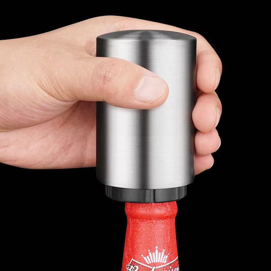 Beer Bottle Opener | Push Down and Pop Off Bottle Opener | Automatic Beer Top Popper | Magnetic Cap Catcher | Stainless Steel | Glass Soda Bottle Decapitator | Fun to Use |
