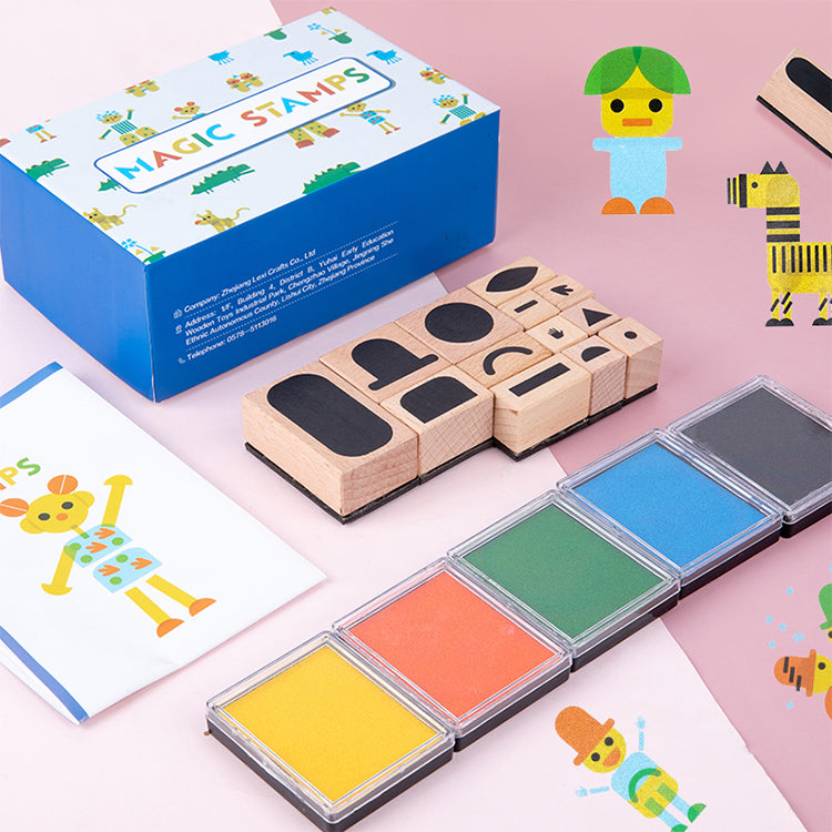 Farbiges Holz-Zauberstempel-Set DIY-Holzstempel-Stempelkissen-Spielzeug für Kinder