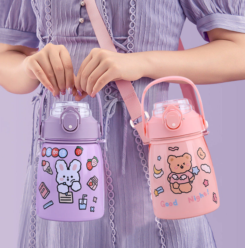 Stainless Steel Insulated Water Bottle,Big Belly Kawaii Leaf Proof 900ml Cute Trave Cup with Straw and Shoulder Strap,Vacuum Thermos Jug