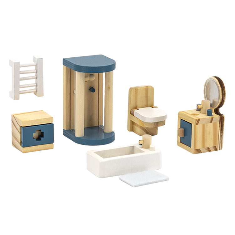 Toddlers Wooden Dollhouse Furniture Family Bathroom Set Toy For Kids 2-5 Years Old