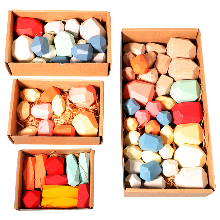 Wooden Building Blocks Set Lightweight Natural Balancing Blocks Colored Wooden Stones Stacking Game Rock Blocks Educational Puzzle Toy (36pcs) Improve Children's Hand-Eye Coordination Imagination