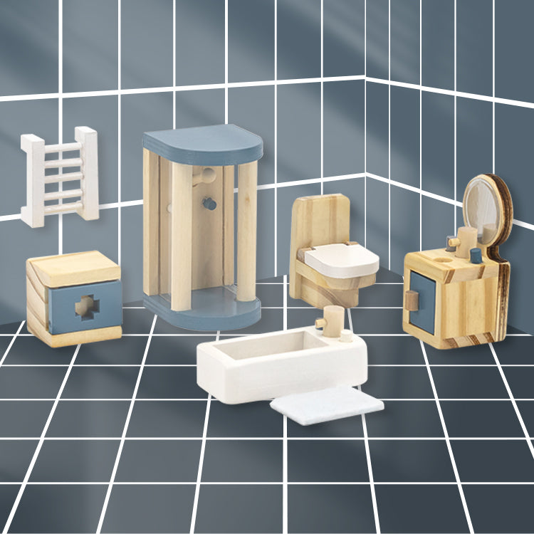 Toddlers Wooden Dollhouse Furniture Family Bathroom Set Toy For Kids 2-5 Years Old