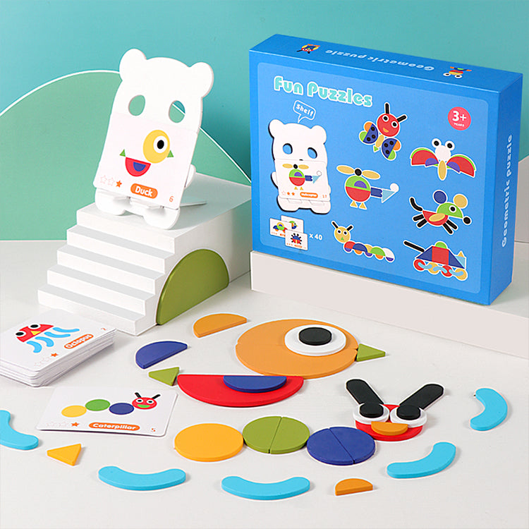 木製パターン ブロック 動物 ジグソーパズル 並べ替えと積み重ねゲーム モンテッソーリ教育玩具 幼児 キッズ 男の子 女の子 対象年齢3歳以上 (36個のシェイプピース& 60個のデザインカードが鉄の箱に入っています)