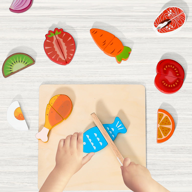 Schneiden von Obst und Gemüse zum Spielen – mit Messer und Schneidebrett – Spielzeug-Küchenzubehör-Sets für Kleinkinder und Kinder (Just Cutting Food)