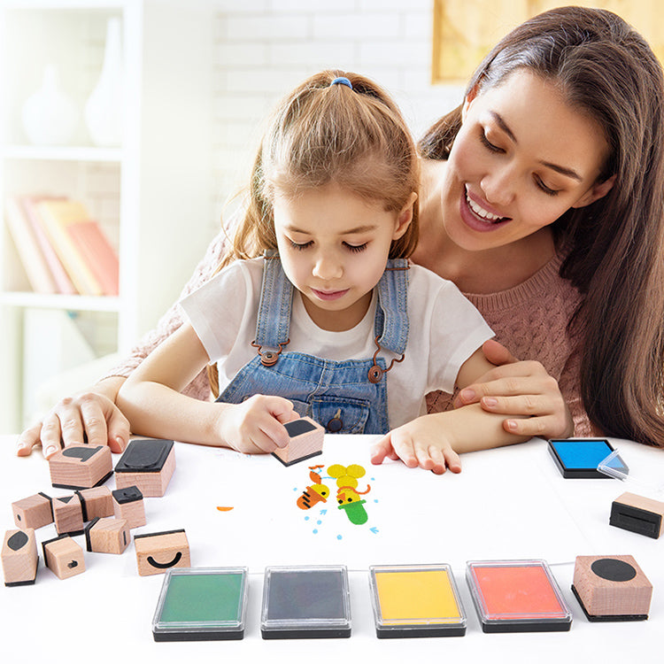 Farbiges Holz-Zauberstempel-Set DIY-Holzstempel-Stempelkissen-Spielzeug für Kinder