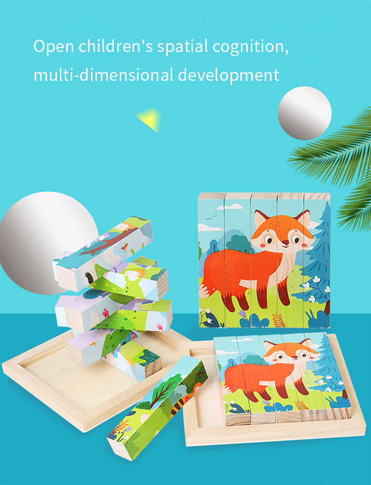 Kleinkinder Erstaunliches vierseitiges rotierendes Puzzle aus Holz Tierpuzzlebrett mit Flash-Karte Lernspielzeug für Jungen und Mädchen im Alter von 2–5 Jahren