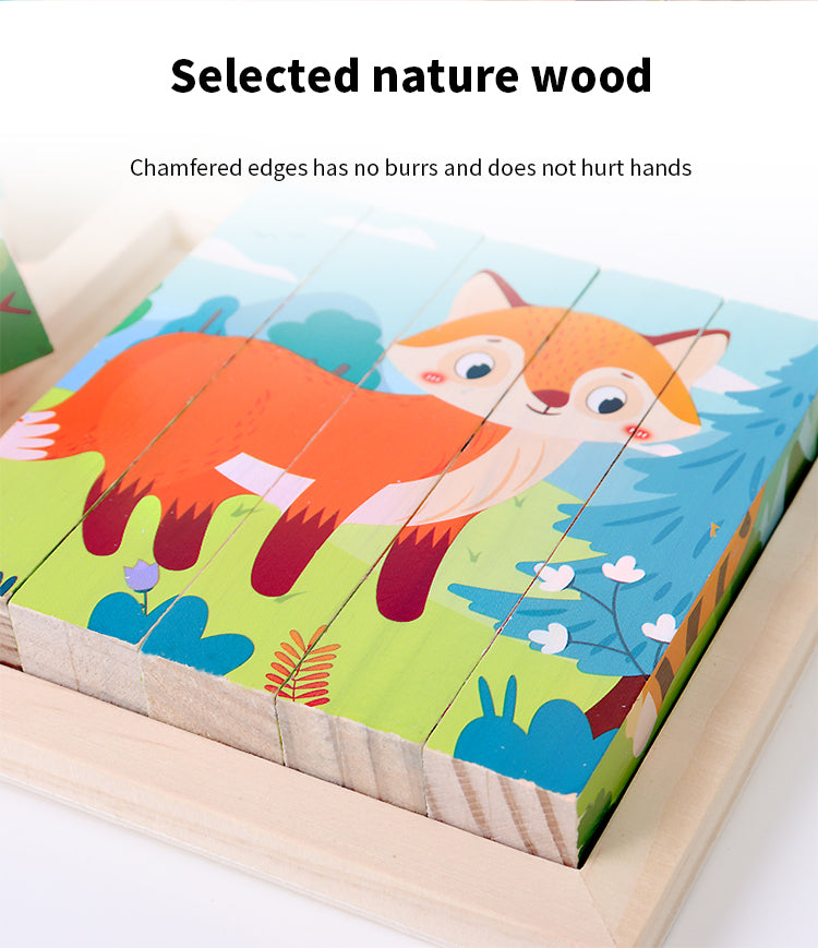 Kleinkinder Erstaunliches vierseitiges rotierendes Puzzle aus Holz Tierpuzzlebrett mit Flash-Karte Lernspielzeug für Jungen und Mädchen im Alter von 2–5 Jahren