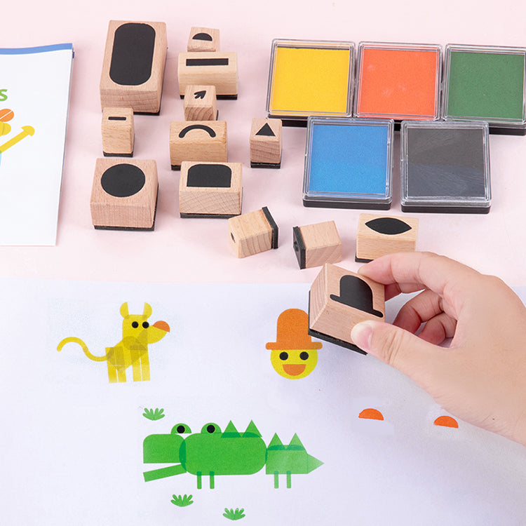 Farbiges Holz-Zauberstempel-Set DIY-Holzstempel-Stempelkissen-Spielzeug für Kinder