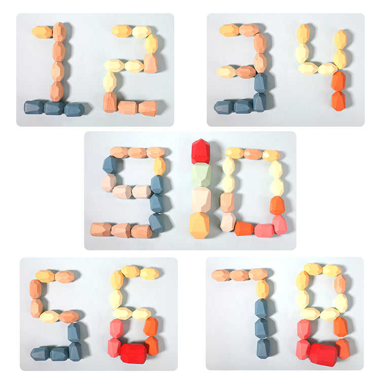 Wooden Building Blocks Set Lightweight Natural Balancing Blocks Colored Wooden Stones Stacking Game Rock Blocks Educational Puzzle Toy (36pcs) Improve Children's Hand-Eye Coordination Imagination