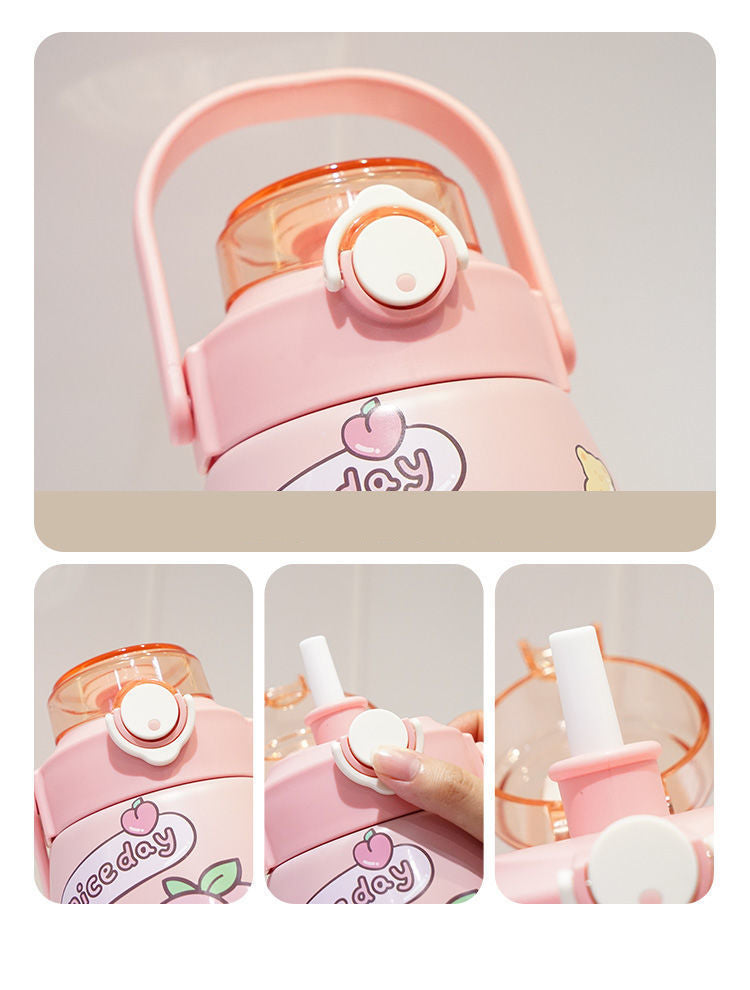 Stainless Steel Insulated Water Bottle,Big Belly Kawaii Leaf Proof 900ml Cute Trave Cup with Straw and Shoulder Strap,Vacuum Thermos Jug