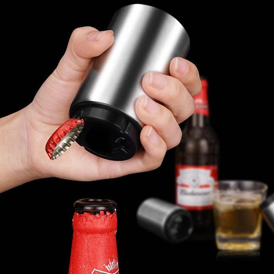 Beer Bottle Opener | Push Down and Pop Off Bottle Opener | Automatic Beer Top Popper | Magnetic Cap Catcher | Stainless Steel | Glass Soda Bottle Decapitator | Fun to Use |