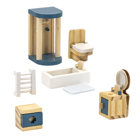 Puppenstubenmöbel aus Holz für Kleinkinder, Familien-Badezimmer-Set, Spielzeug für Kinder von 2 bis 5 Jahren